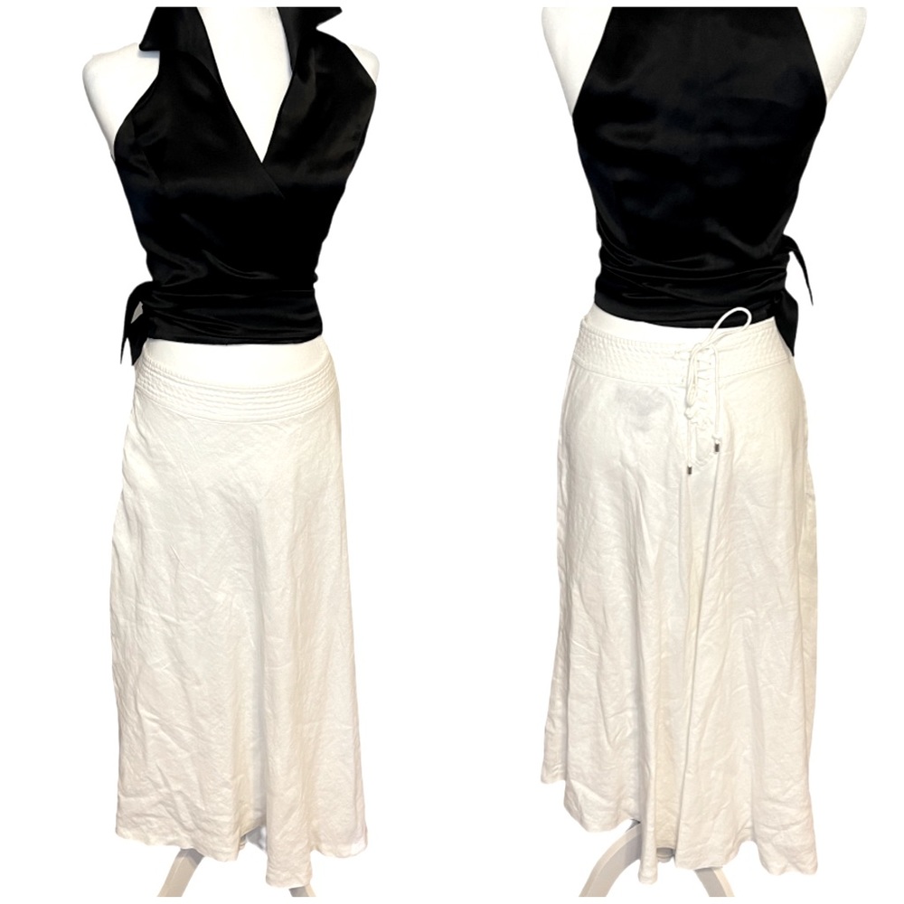 LAUREN RALPH LAUREN White Linen MIDI Skirt W/Side Zip And Back Lace Up tie Sz 4P